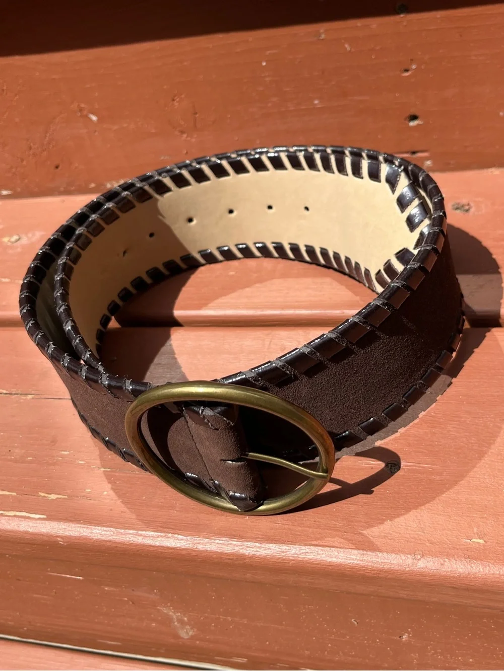 Nine West Genuine Leather Suede Chunky Brown Belt Gold Buckle Boho Festival Y2K